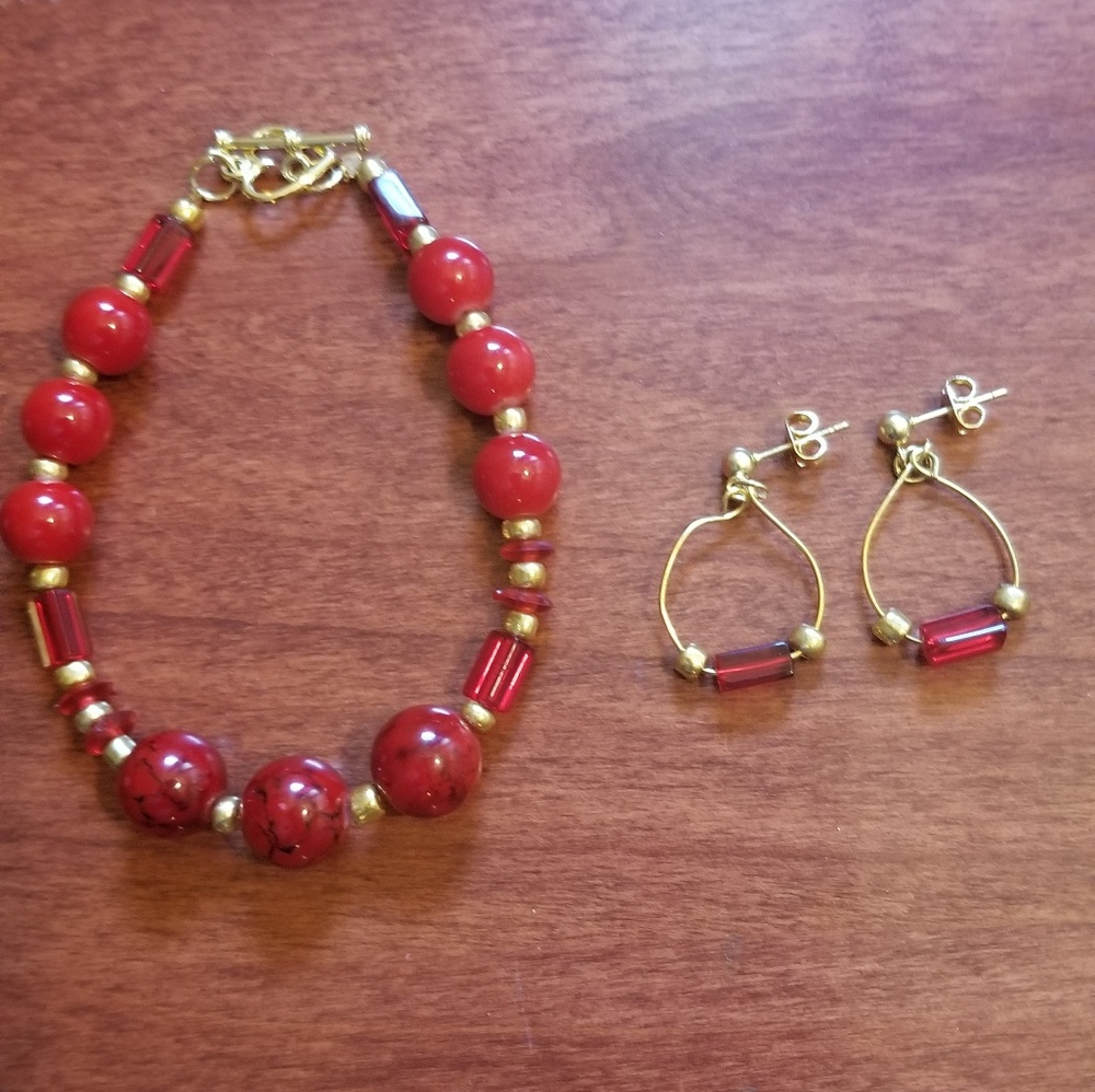 Custom made red bracelet with red hoop earrings